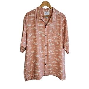 Fish print silk linen tropical coral relaxed button up short sleeve shirt